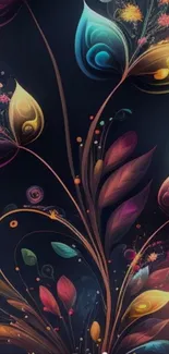 Vibrant abstract floral design with colorful leaves.