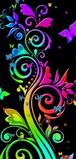 Colorful abstract floral wallpaper with swirls and butterflies on a black background.