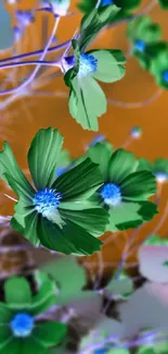 Vibrant abstract wallpaper with green flowers and blue centers on an orange background.