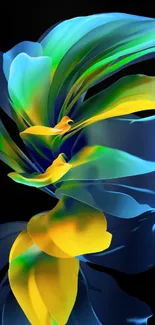 Vibrant abstract flower with blue and yellow colors on a black background.