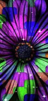 Vibrant abstract flower wallpaper with colorful geometric pattern.