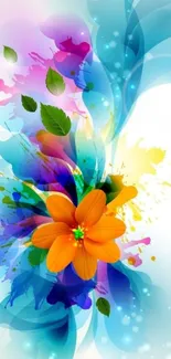 Vibrant abstract flower wallpaper with splashes of blue and orange hues.