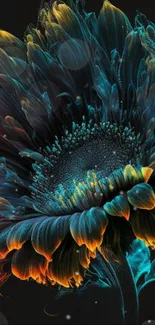 Vibrant abstract flower with teal and orange hues on black background.