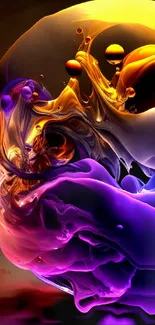 Vibrant fluid abstract art with purple and orange swirls.