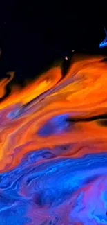 Vibrant orange and blue abstract fluid art wallpaper.