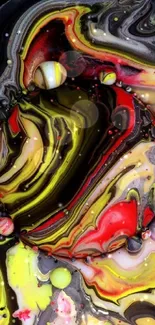 Vibrant abstract fluid art with swirling red, yellow, and black patterns.