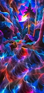 Vibrant abstract forest path with neon colors and surreal design.