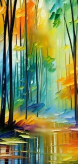 Vibrant abstract forest with colorful trees and dynamic strokes.