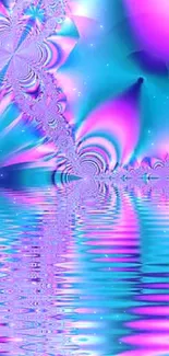 Vibrant abstract fractal art wallpaper with reflective water effect.