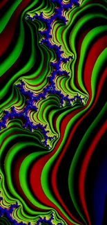 Vibrant abstract fractal art wallpaper with dynamic green, red, and blue patterns.