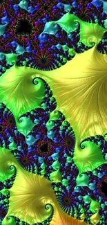 Vibrant fractal design with lime green and blue swirls.