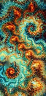 Vibrant abstract fractal wallpaper with vivid blue, orange, and red swirling patterns.