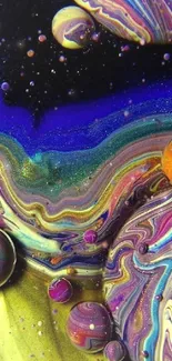 Vibrant abstract galaxy wallpaper with swirling colorful planets.