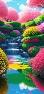 Colorful abstract garden landscape with pink bushes and a tranquil stream.