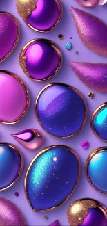 Purple and blue abstract gemstone wallpaper with gold accents.