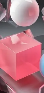 Abstract geometric wallpaper with pink cube and spheres.