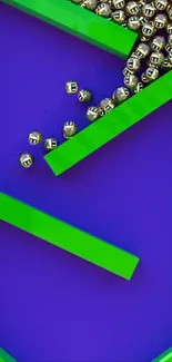 Abstract green and purple geometric wallpaper with metallic balls.