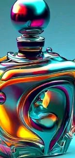 Vibrant 3D abstract glass perfume bottle with colorful reflections.