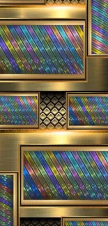Vibrant abstract wallpaper with gold frames and colorful patterns.