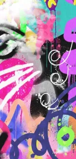 Colorful abstract graffiti art with eye and vibrant splashes.