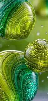 Vibrant green glass orbs with textured detail.