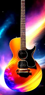 Vibrant guitar with cosmic abstract background wallpaper.