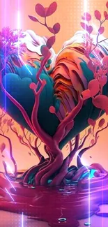 Abstract heart-shaped tree with vibrant colors on a coral background.