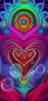 Abstract vibrant heart design with colorful patterns on a phone wallpaper.