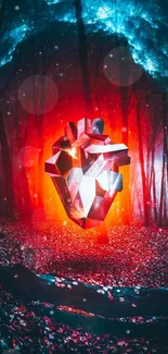 Abstract heart glowing in a vibrant forest setting.