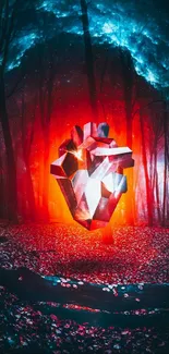 Abstract heart in a vibrant red forest with cosmic elements.