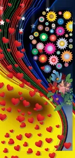 Colorful abstract wallpaper with hearts, gears, and floral patterns on yellow background.