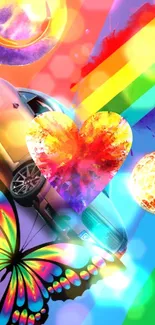 Vibrant wallpaper with heart, rainbow, butterfly, car, and planets.