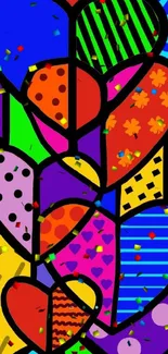 Vibrant abstract wallpaper with colorful hearts and geometric patterns.