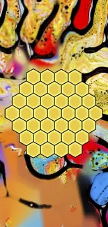 Vibrant abstract wallpaper with honeycomb design in colorful fluid art style.