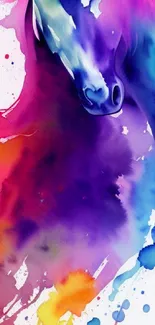 Colorful abstract horse with vibrant splashes on mobile wallpaper.