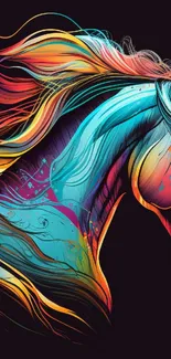 Vibrant abstract horse in cyan and rainbow colors.