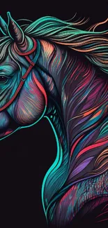 Colorful abstract horse with flowing lines on dark background.