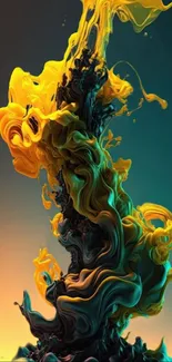 Vibrant yellow and teal abstract ink swirl on a phone wallpaper.