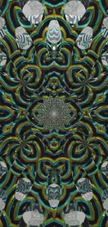 Vibrant kaleidoscope design with teal hues and intricate patterns.