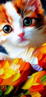 Vibrant abstract kitten artwork with bright colors and bold brush strokes.