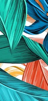 Vibrant abstract leaf wallpaper design with teal, blue, and orange hues.