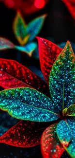 Vibrant red and blue abstract leaf design wallpaper.