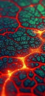 Abstract leaf pattern with vibrant red and green veins.