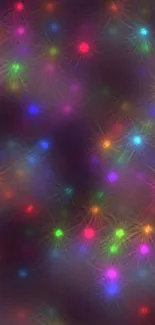 Colorful abstract wallpaper with sparkling lights on dark purple background.