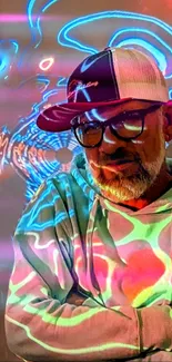 A man illuminated by vibrant neon patterns.