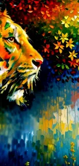 Colorful abstract lion with vibrant foliage mobile wallpaper.