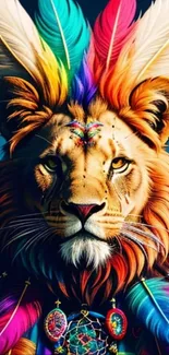 Colorful abstract lion with vibrant feathers in artistic design.