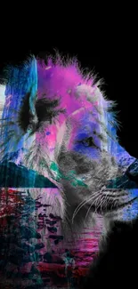 Abstract lion wallpaper with vibrant colors on black background.