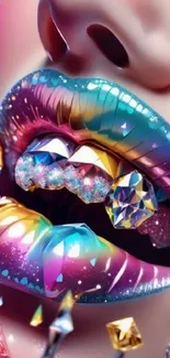 Colorful lips with crystals and vibrant hues in an abstract style.