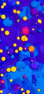 Abstract liquid wallpaper with colorful purple, yellow, and blue bubbles.